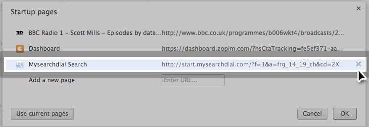 Chromes startup pages screen